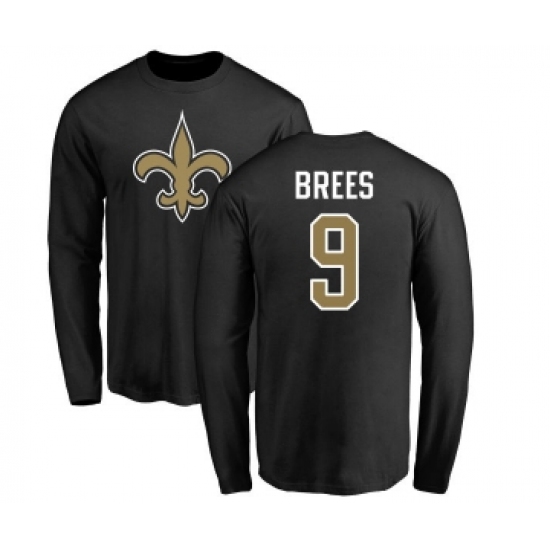 Football New Orleans Saints #9 Drew Brees Black Name & Number Logo Long Sleeve T-Shirt - Jersey