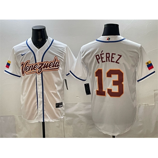 Men's Venezuela Baseball #13 Salvador Pérez White 2026 World Baseball Classic Home Stadium Stitched Jersey - Jersey