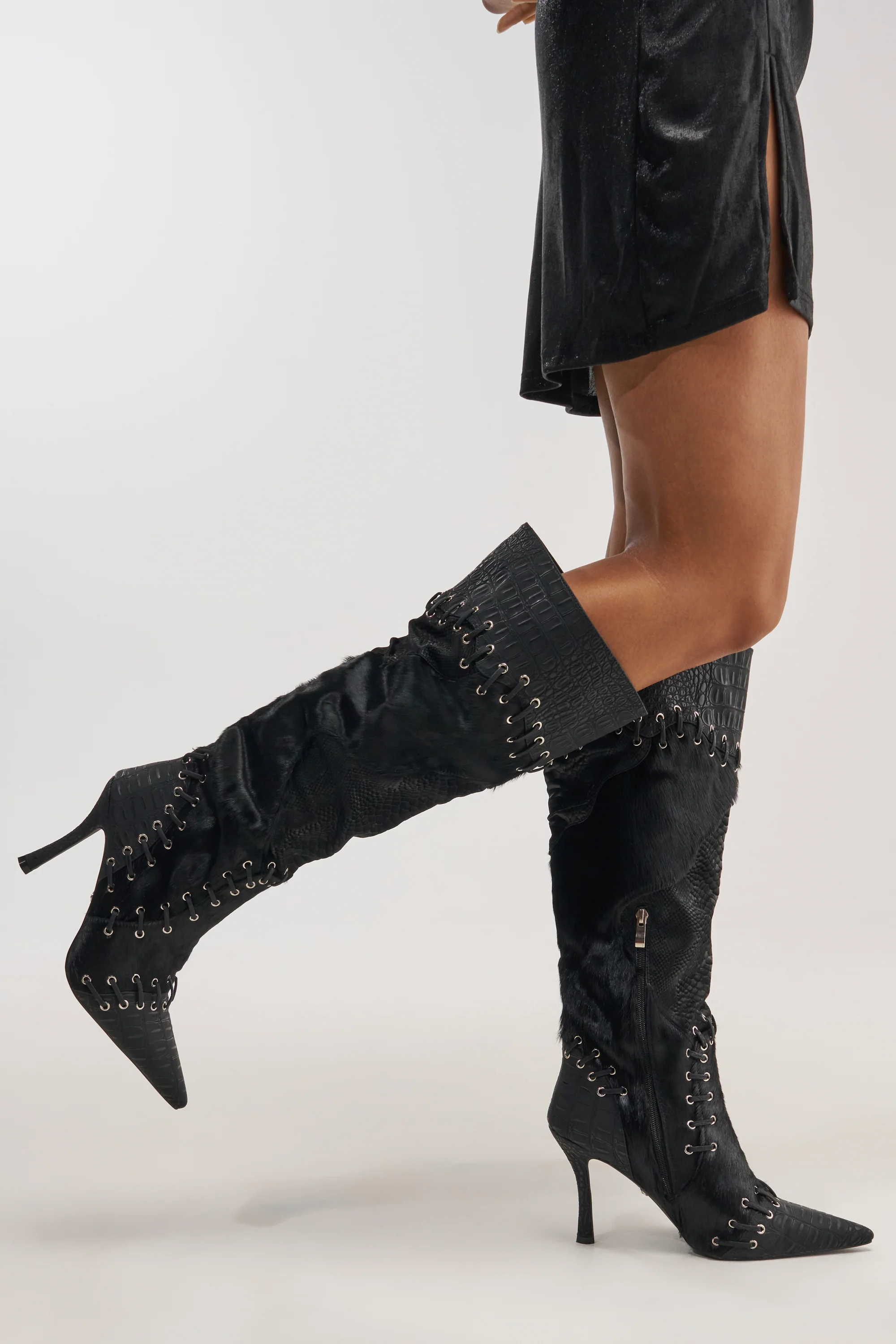 AZALEA WANG NOVAK BLACK PONY HAIR AND LACE UP STILETTO BOOT - Akira Wear