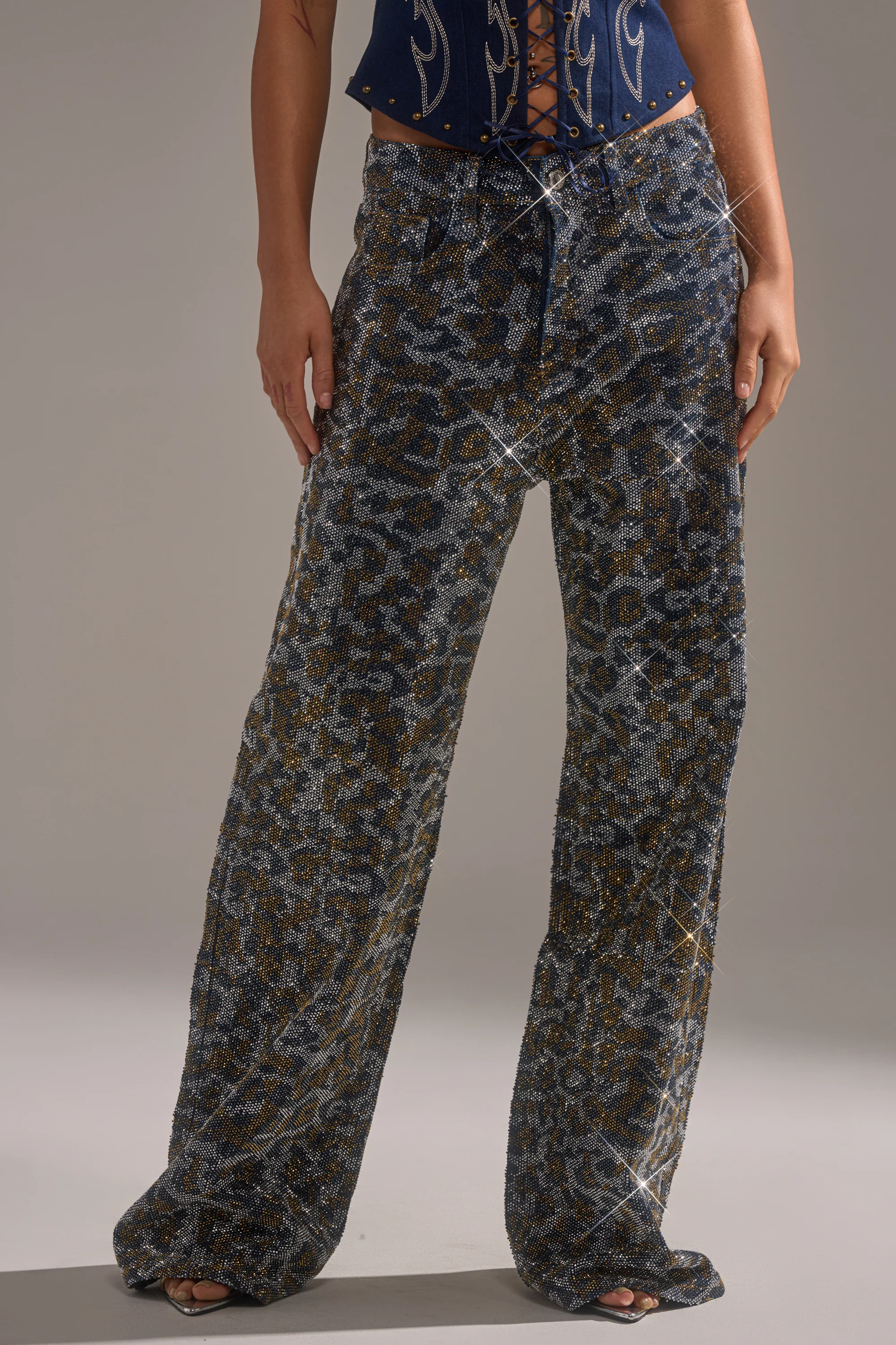 CHEETAH GIRLY RHINESTONE DENIM PANT - Akira Wear