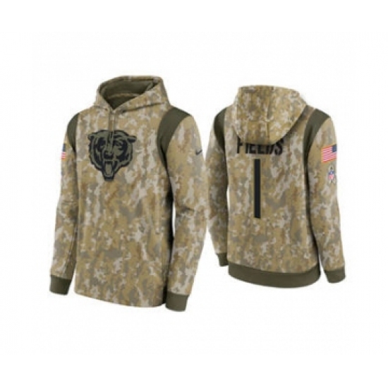 Men's Chicago Bears #1 Justin Fields Camo 2021 Salute To Service Therma Performance Pullover Football Hoodie - Jersey