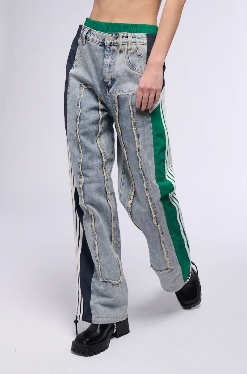 ALL AROUND THE WORLD PATCHWORK DENIM JOGGER PANT IN GREEN MULTI - Akira Wear