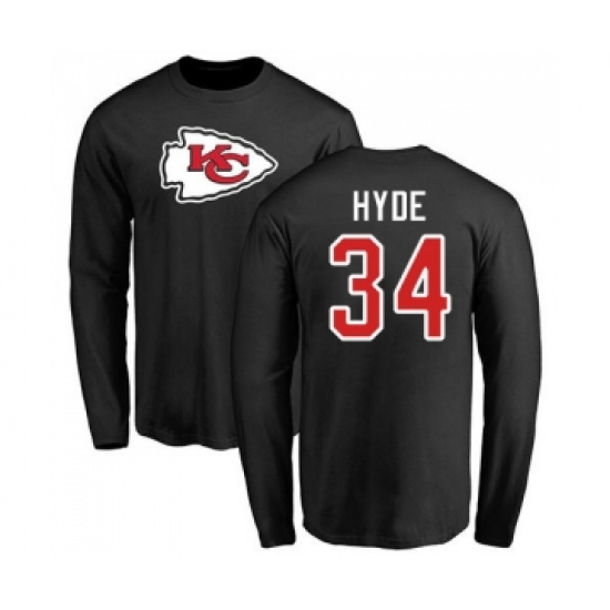 Football Kansas City Chiefs #34 Carlos Hyde Black Name & Number Logo Long Sleeve T-Shirt - Jersey