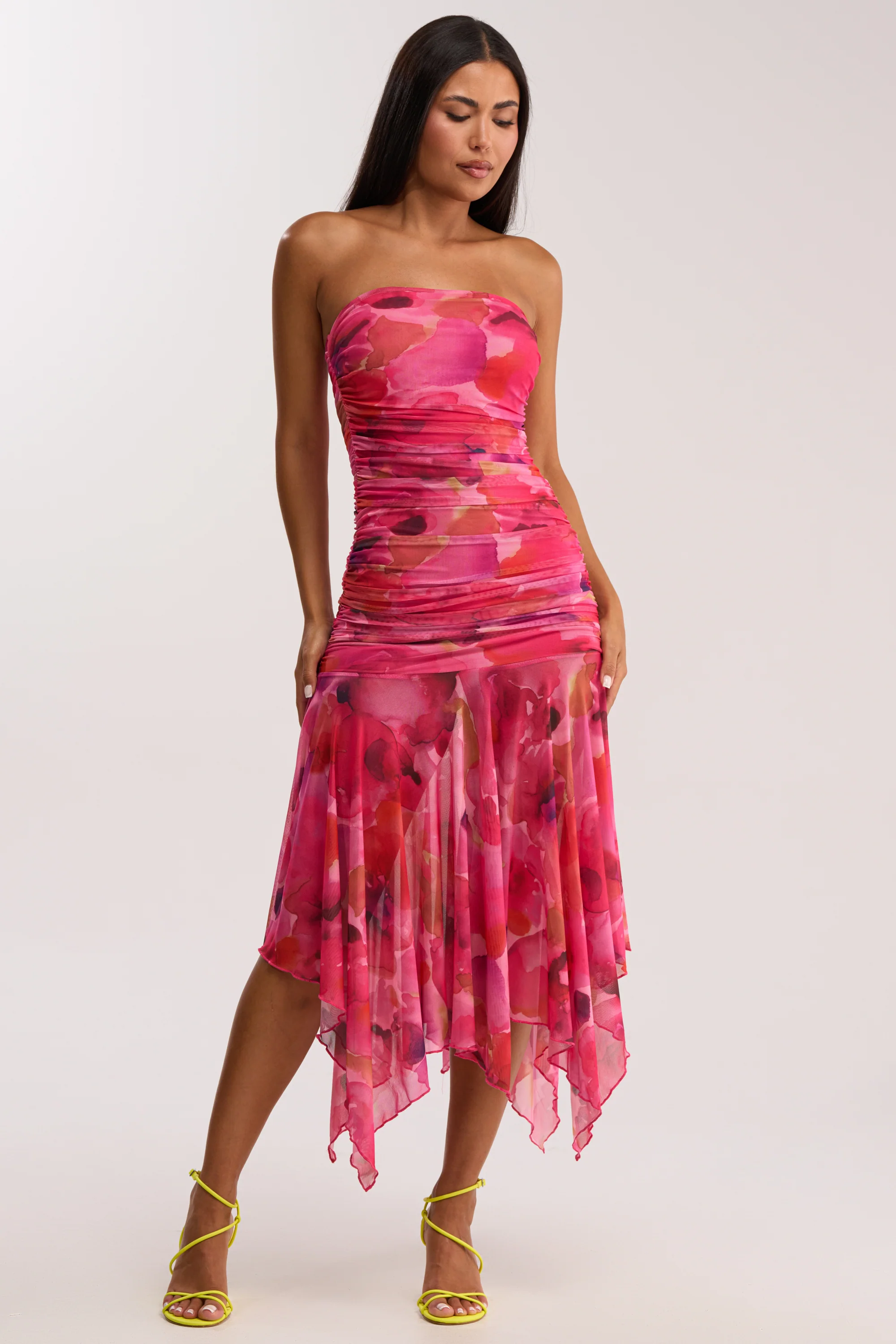 BRUNCH DATE MESH MIDI DRESS IN PINK MULTI - Akira Wear
