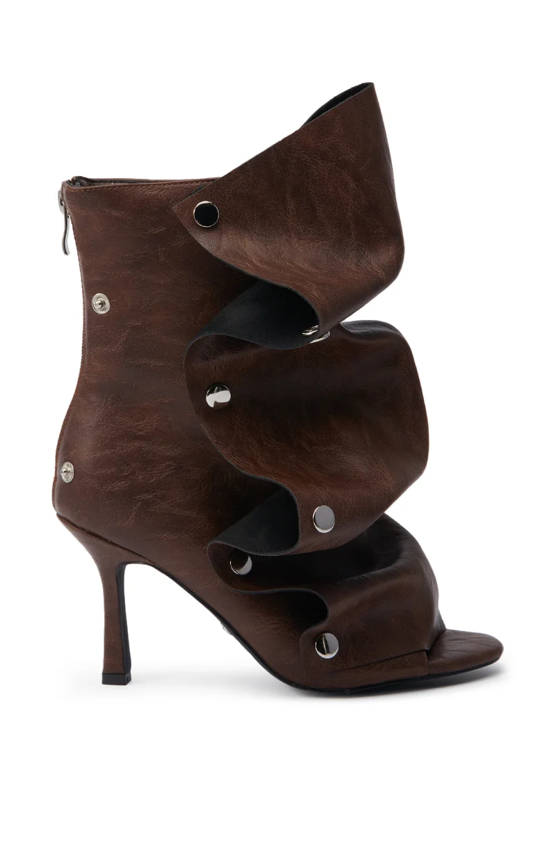 AZALEA WANG BIRD SONG BROWN SNAP DETAIL OPEN TOE BOOTIE - Akira Wear