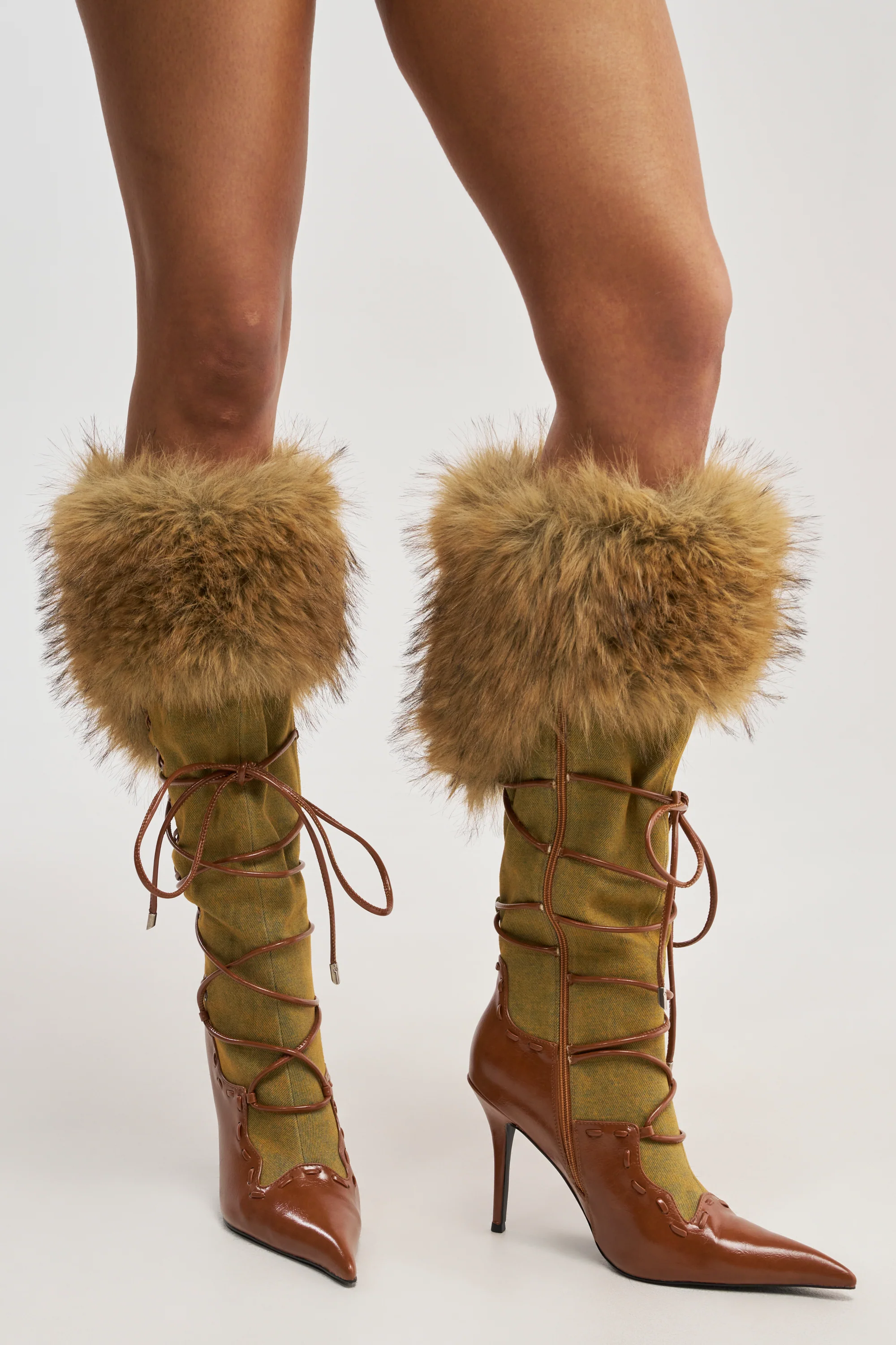 AZALEA WANG OHARAR DENIM MULTI FUR DETAIL STILETTO BOOT - Akira Wear