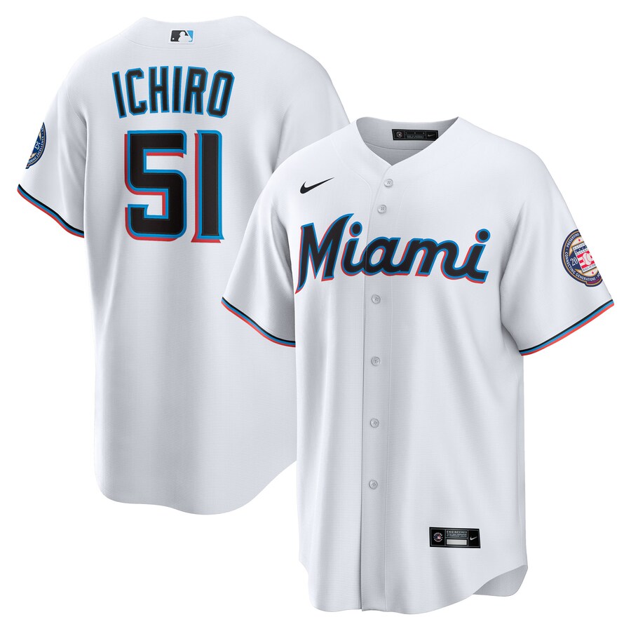 Men's Miami Marlins Ichiro Suzuki Nike White 2025 Baseball Hall of Fame Name & Number Retired Replica Jersey - Jersey