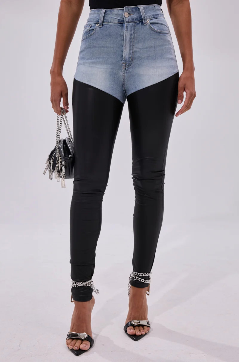 FLEX FIT EXTREME STRETCH HIGH WAIST SKINNY JEANS WITH FAUX LEATHER - Akira Wear