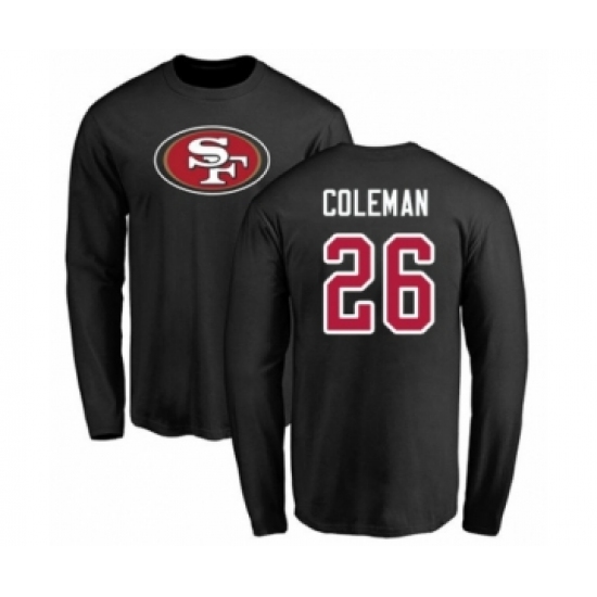 Football San Francisco 49ers #26 Tevin Coleman Black Name & Number Logo Long Sleeve T-Shir - Jersey