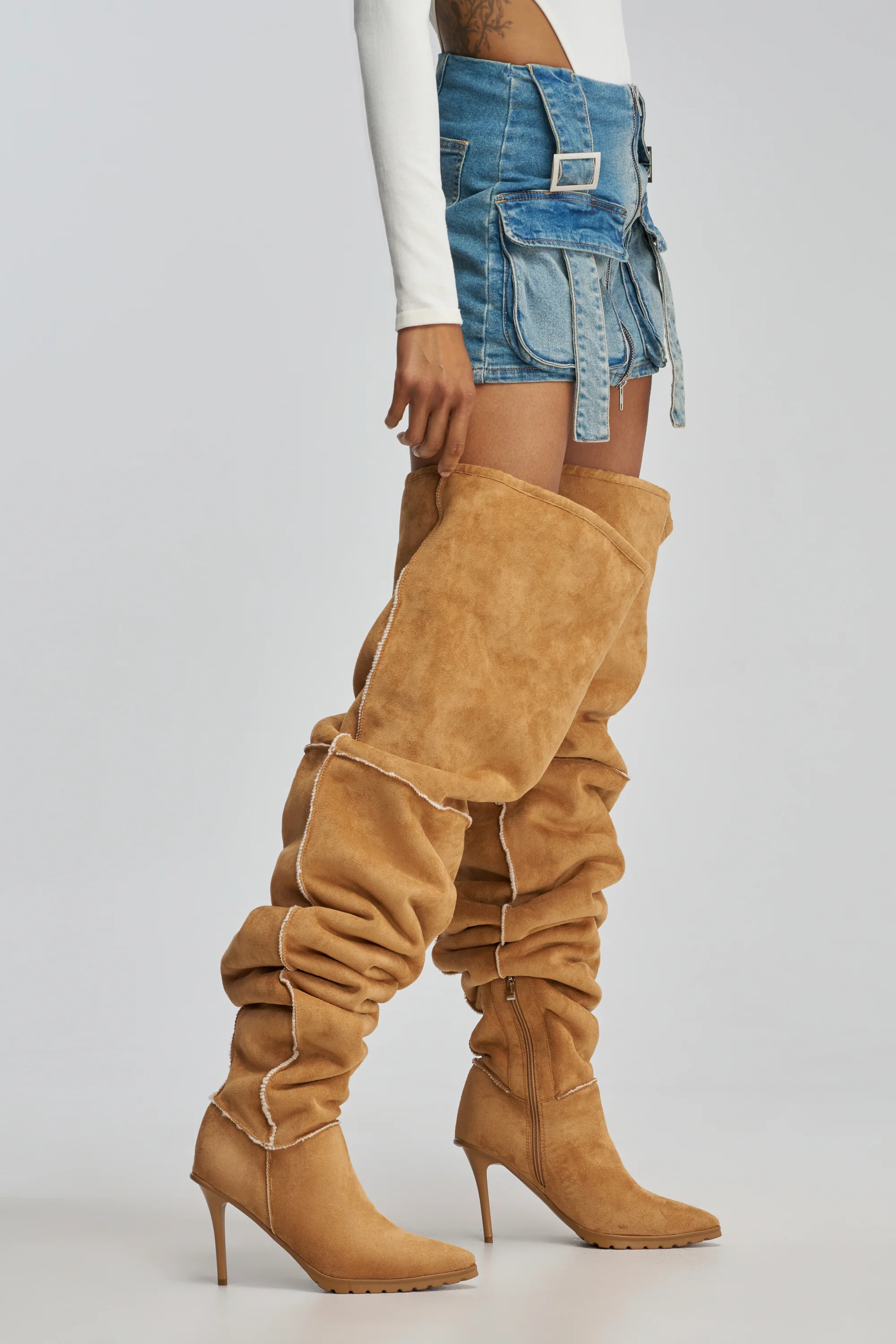 AZALEA WANG FABIOLA CAMEL SHERPA STILETTO THIGH HIGH BOOT - Akira Wear