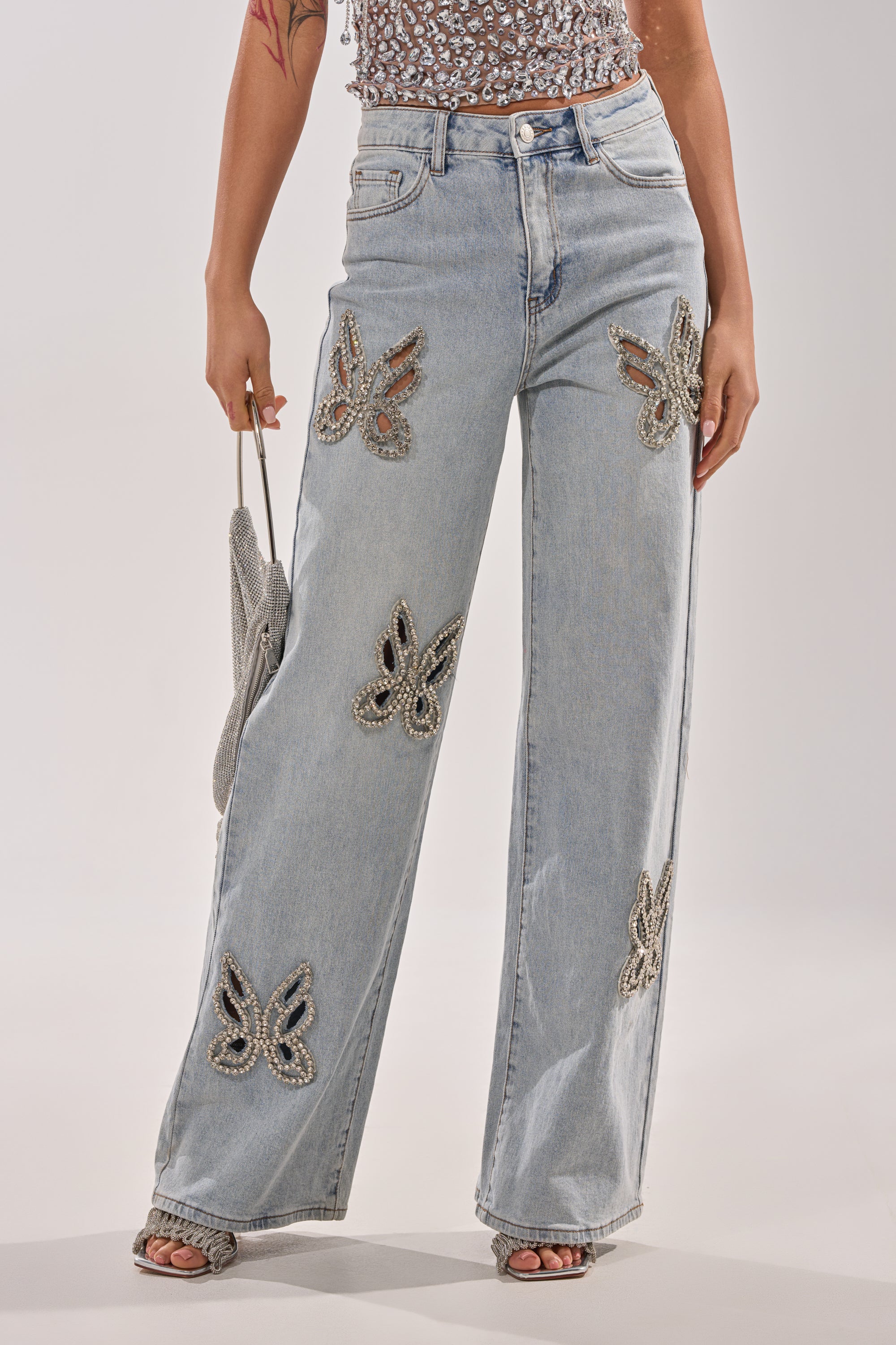 RHINESTONE BUTTERFLY CUTOUT DENIM JEANS - Akira Wear