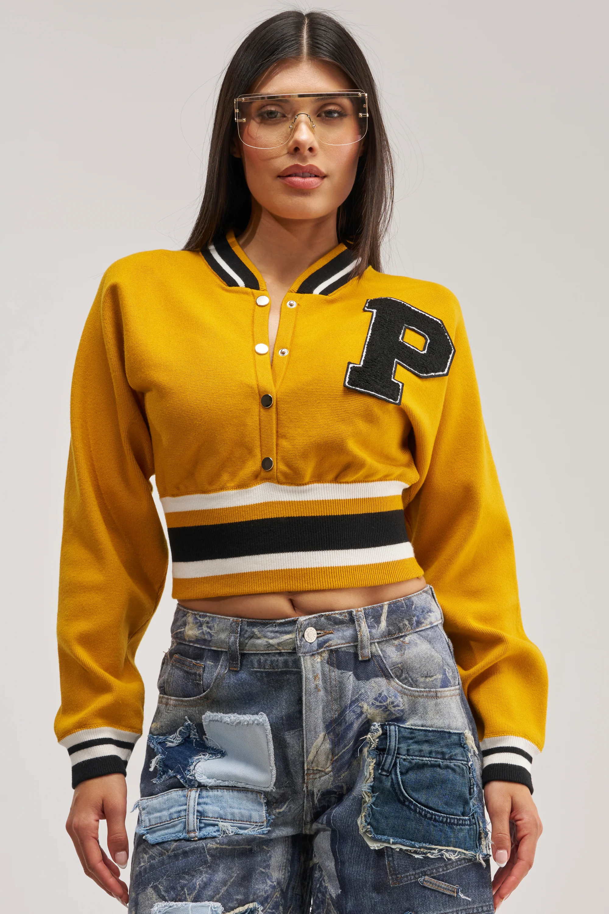 VARSITY TEAM BUTTON DOWN SWEATER IN MUSTARD - Akira Wear