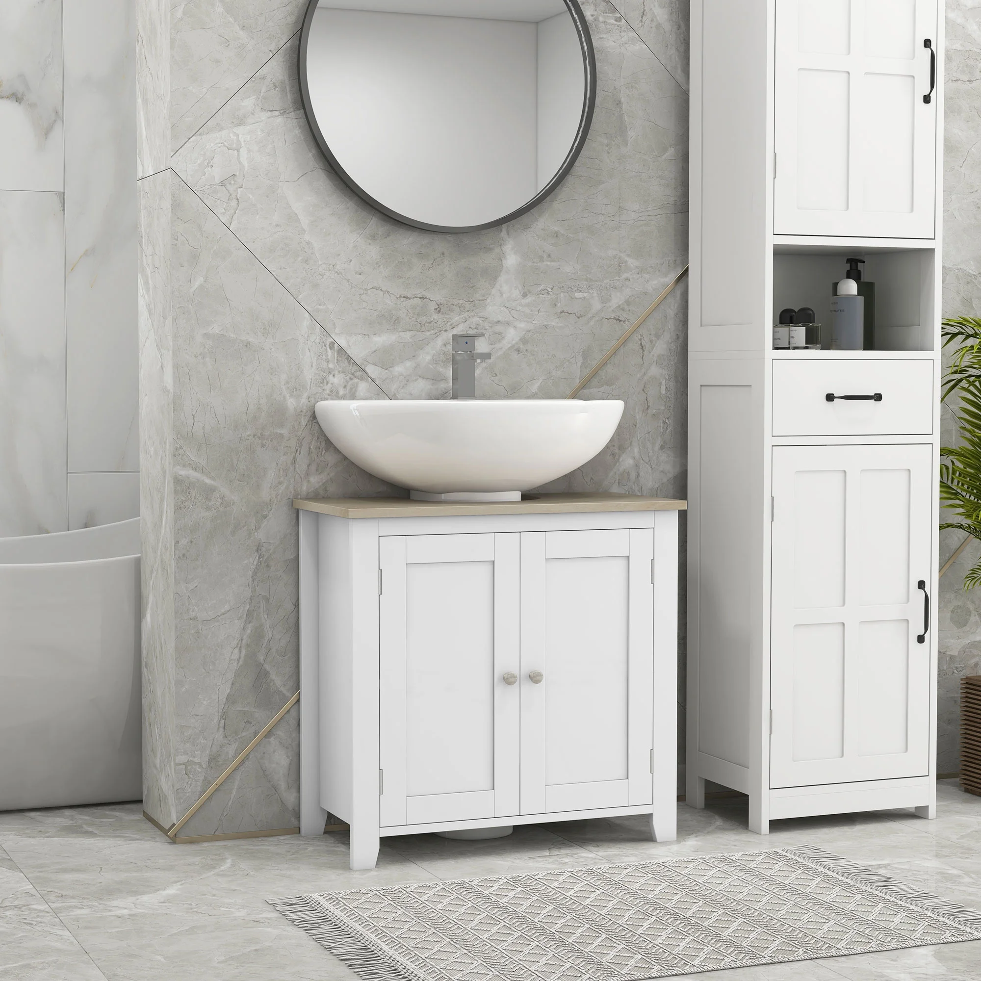 Kleankin Pedestal Sink Storage Cabinet, Under Sink Cabinet, Bathroom Vanity Cabinet with U-Shape and Adjustable Internal Shelf, White