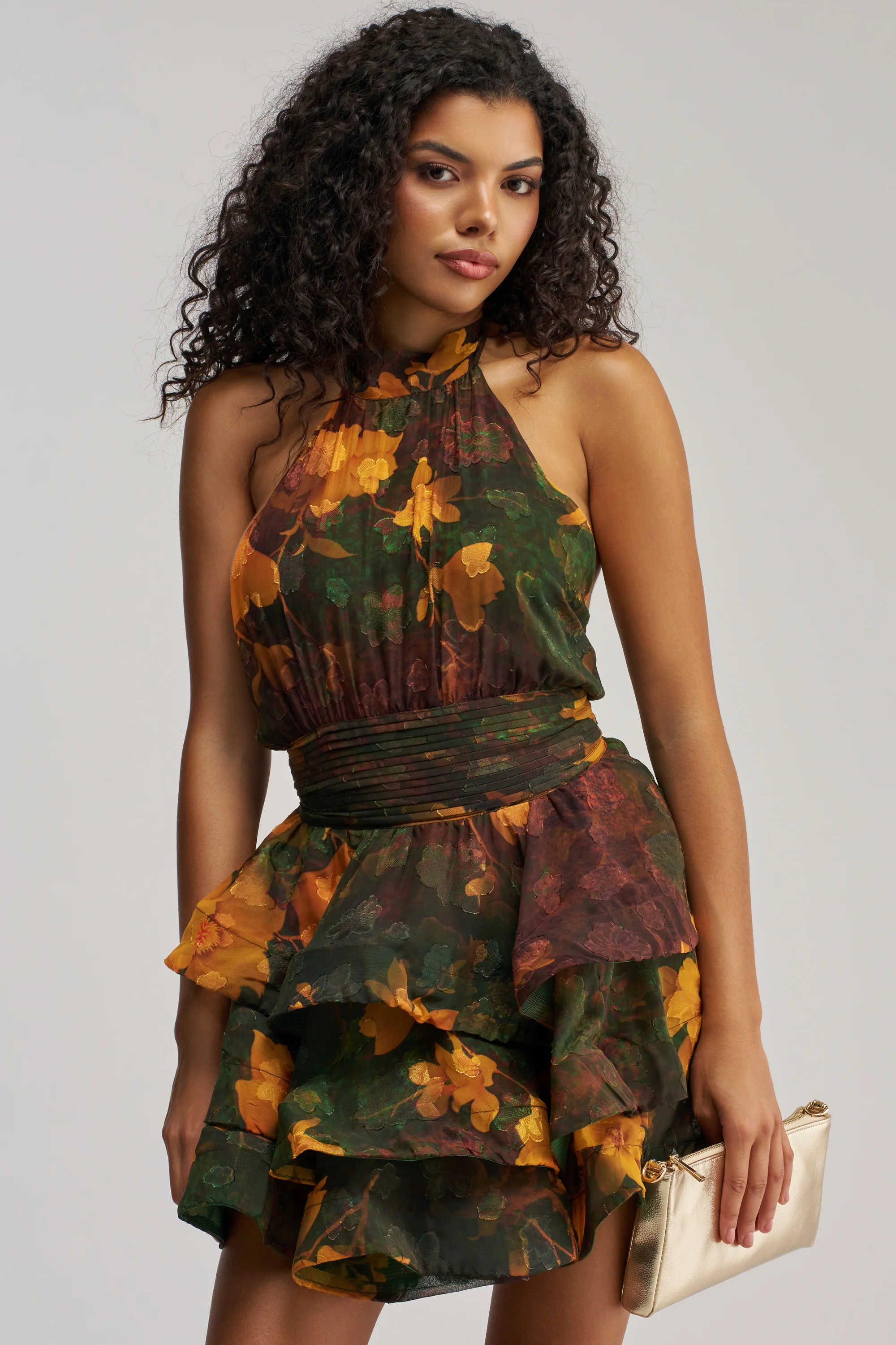 SPIN ME AROUND CHIFFON MINI DRESS IN GREEN FLORALS - Akira Wear