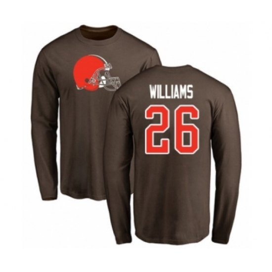 Football Cleveland Browns #26 Greedy Williams Brown Name & Number Logo Long Sleeve T-Shirt - Jersey