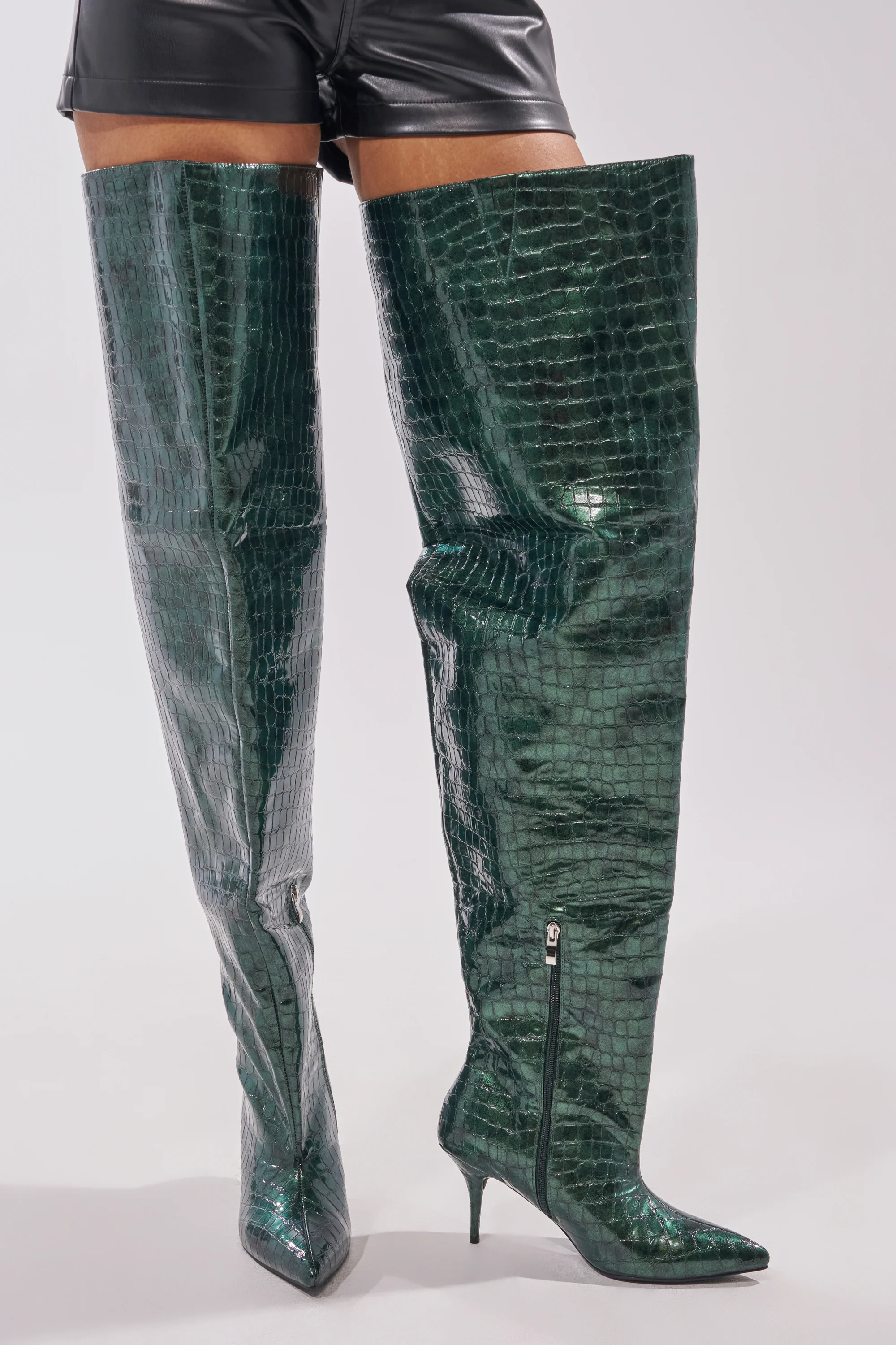 AZALEA WANG HALINA DARK GREEN CROC STILETTO BOOT - Akira Wear