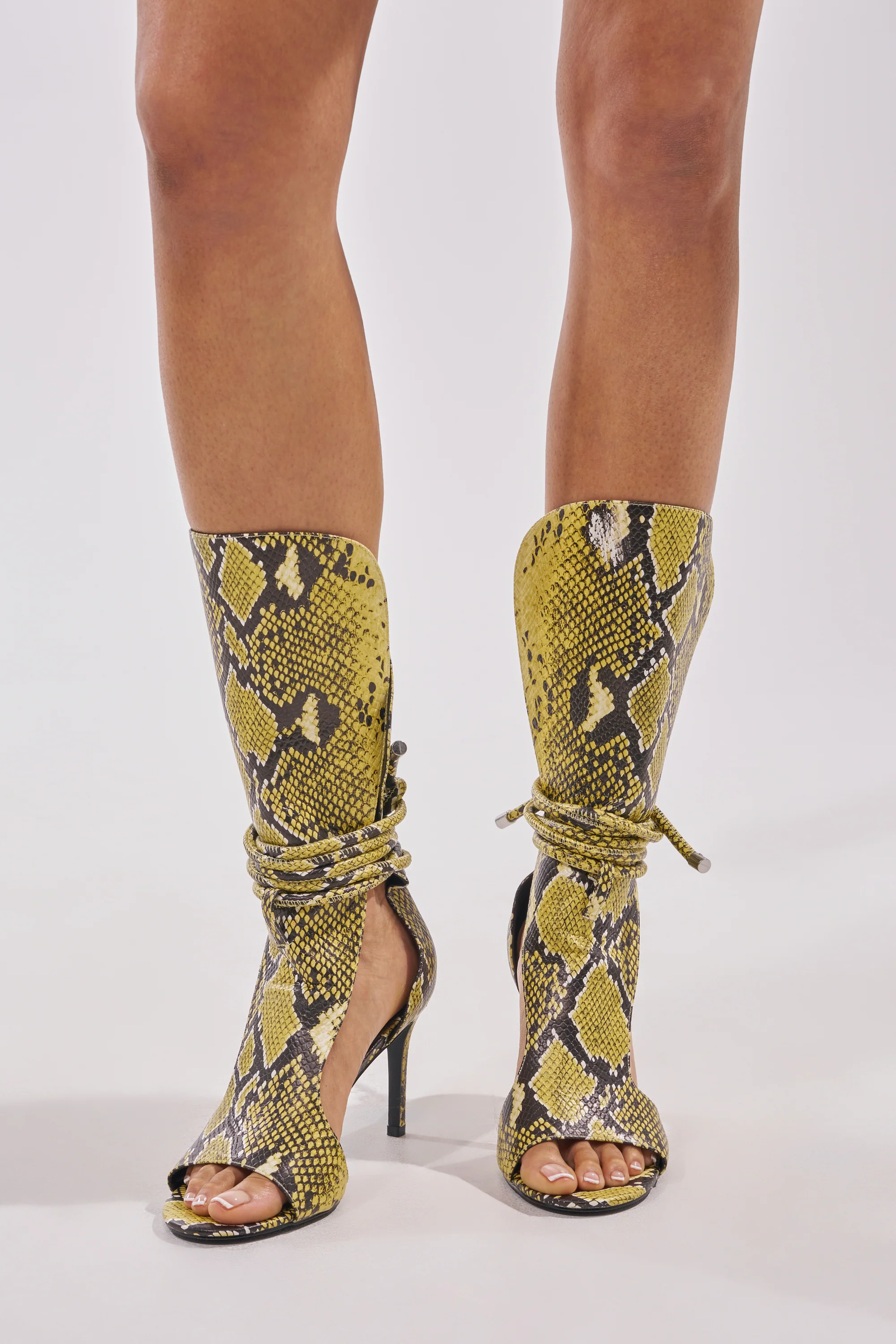 AZALEA WANG BOCKER YELLOW SNAKE STILETTO LACE UP TALL SHAFT SANDAL - Akira Wear