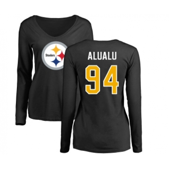 Football Women's Pittsburgh Steelers #94 Tyson Alualu Black Name & Number Logo Slim Fit Long Sleeve T-Shirt - Jersey