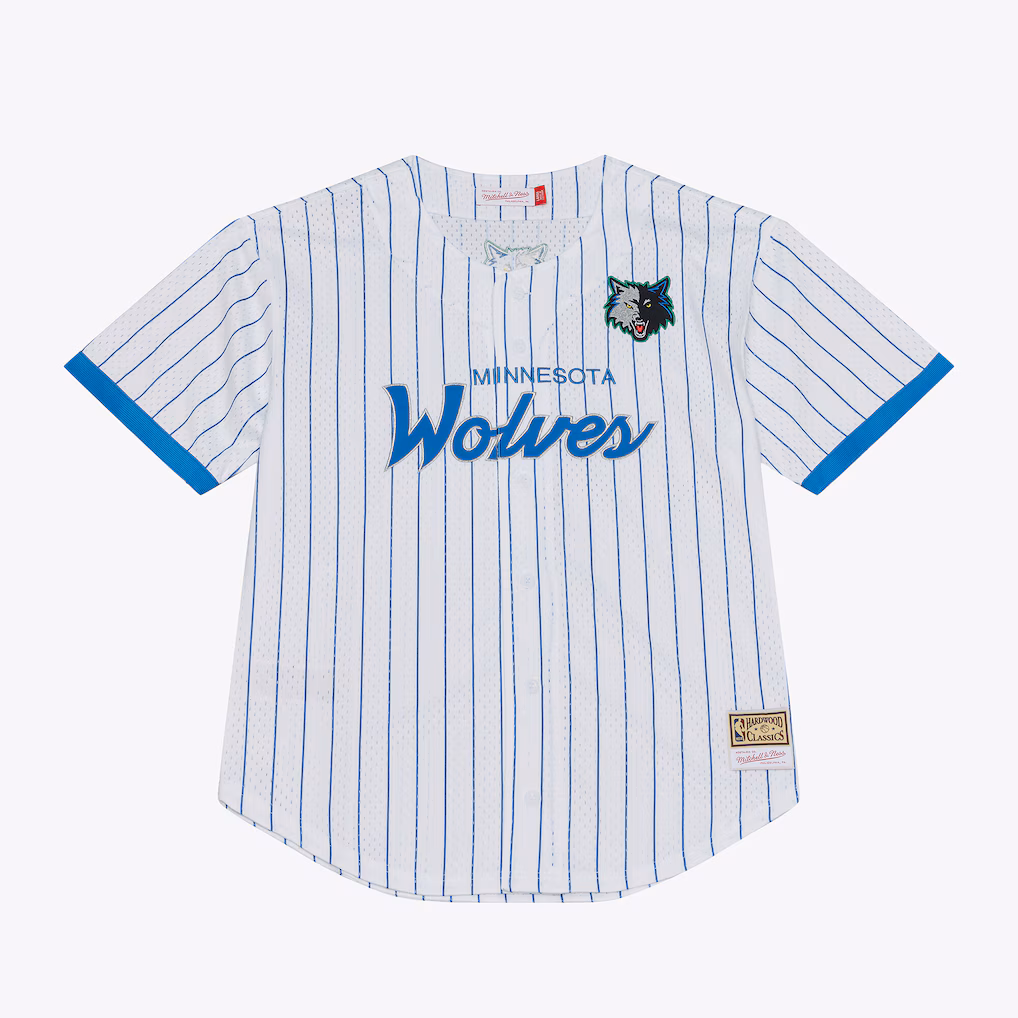 Men's Minnesota Timberwolves Mitchell & Ness White Head Coach Pinstripe Mesh Full-Button Baseball Jersey - Jersey