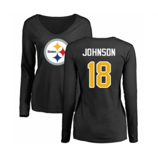 Women's Pittsburgh Steelers #18 Diontae Johnson Black Name & Number Logo Slim Fit Long Sleeve T-Shirt - Jersey