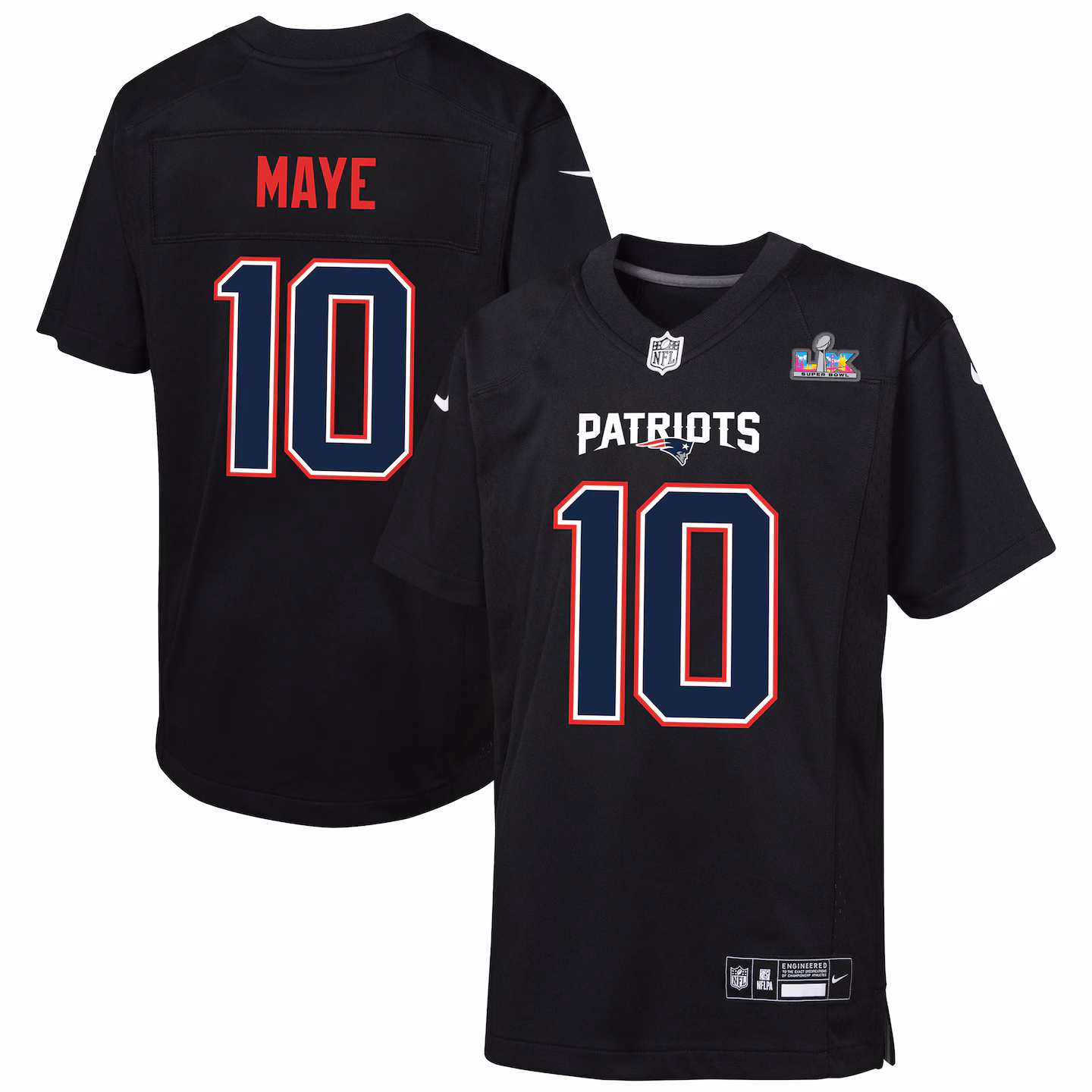 Youth New England Patriots Drake Maye Nike Black Super Bowl LX Patch Carbon Fashion Game Jersey - Jersey