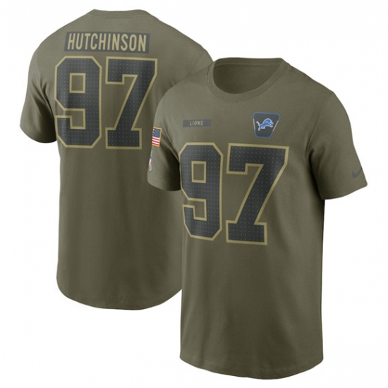 Men's Detroit Lions #97 Aidan Hutchinson Olive 2025 Salute to Service Name & Number T-Shirt - Jersey