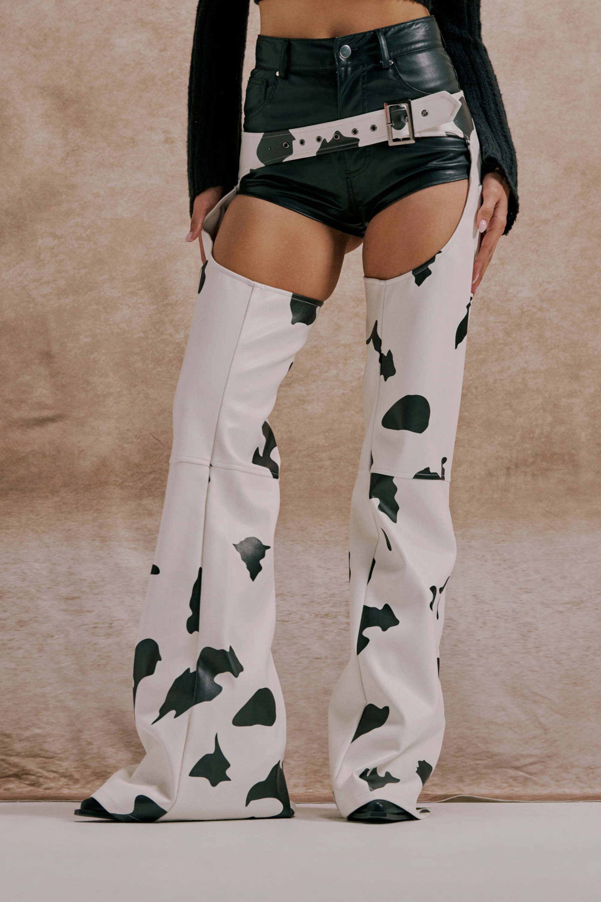 MOO OVER COW PRINT FAUX LEATHER CHAPS - Akira Wear