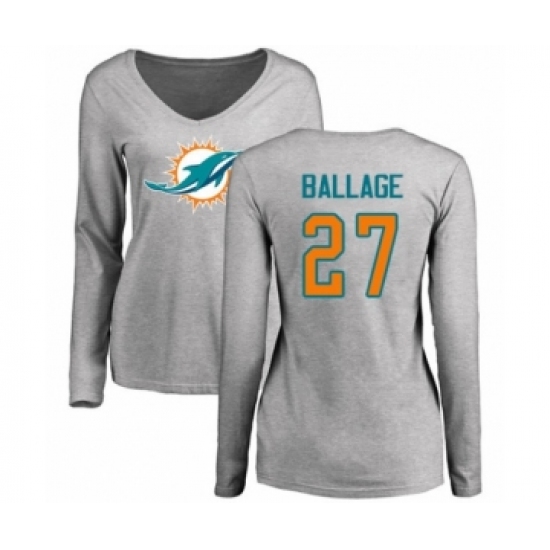 Football Women's Miami Dolphins #27 Kalen Ballage Ash Name & Number Logo Long Sleeve T-Shirt - Jersey