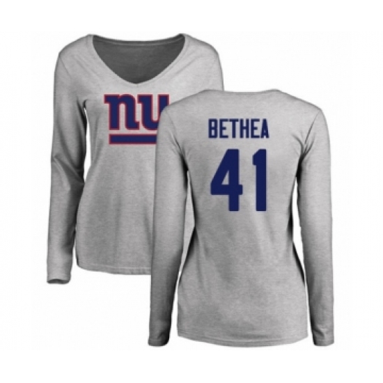 Football Women's New York Giants #41 Antoine Bethea Ash Name & Number Logo Long Sleeve T-Shirt - Jersey