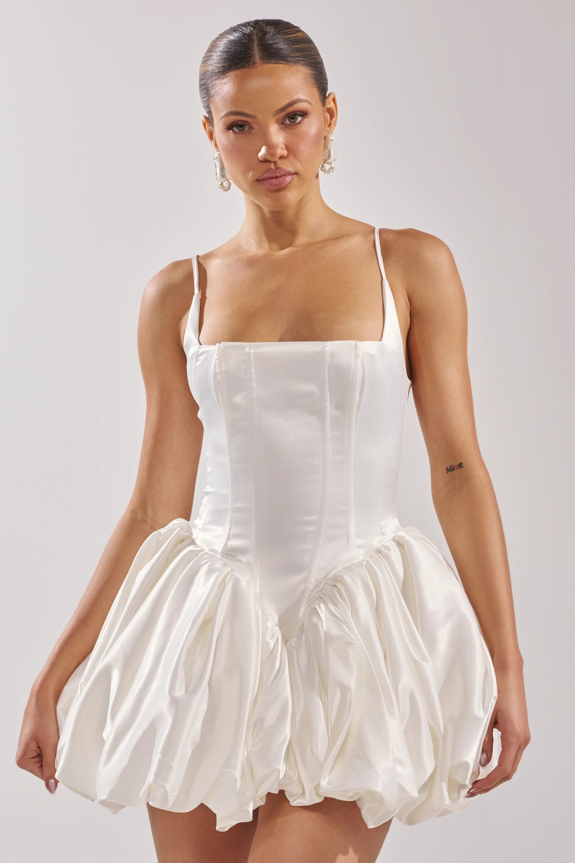 JULIET SATIN MINI DRESS IN IVORY - Akira Wear