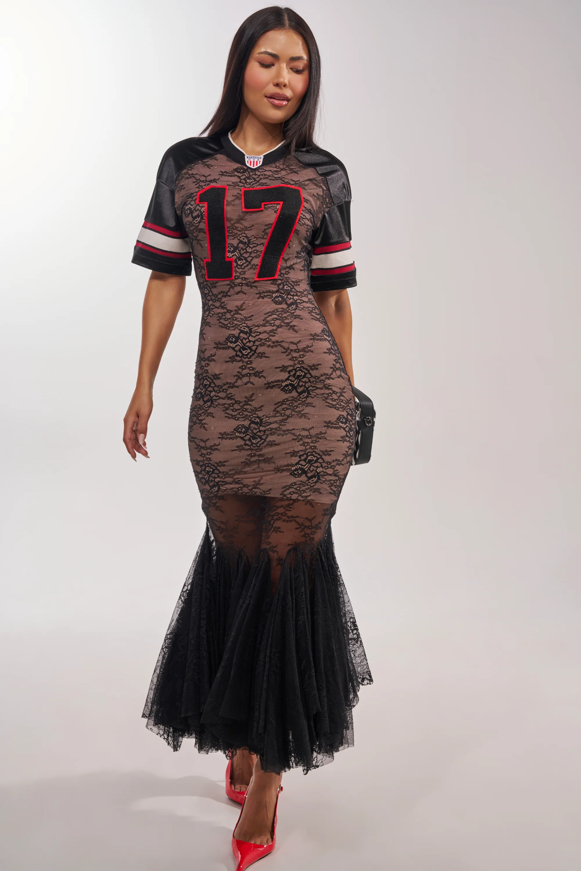 LAYUP LACE JERSEY MAXI DRESS IN BLACK - Akira Wear