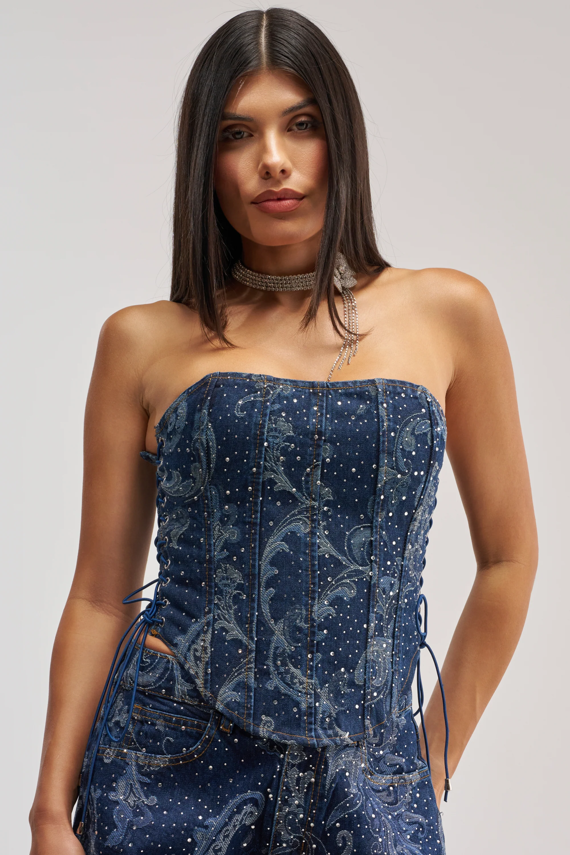 ELEVATED DENIM CORSET WITH RHINESTONES - Akira Wear