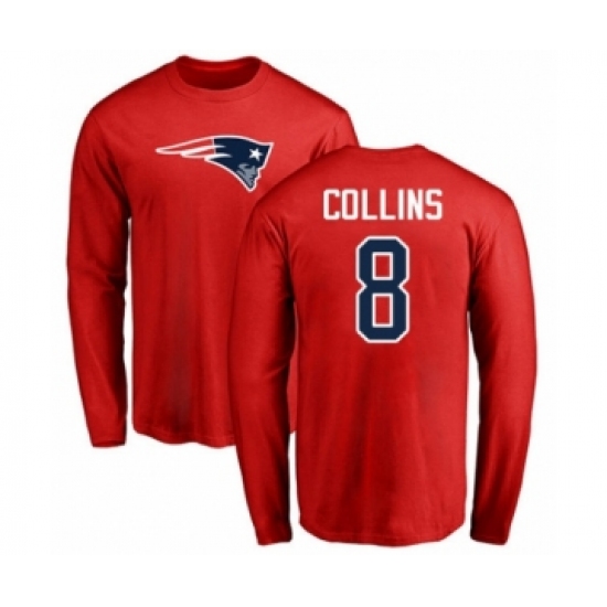 Football New England Patriots #8 Jamie Collins Red Name & Number Logo Long Sleeve T-Shirt - Jersey