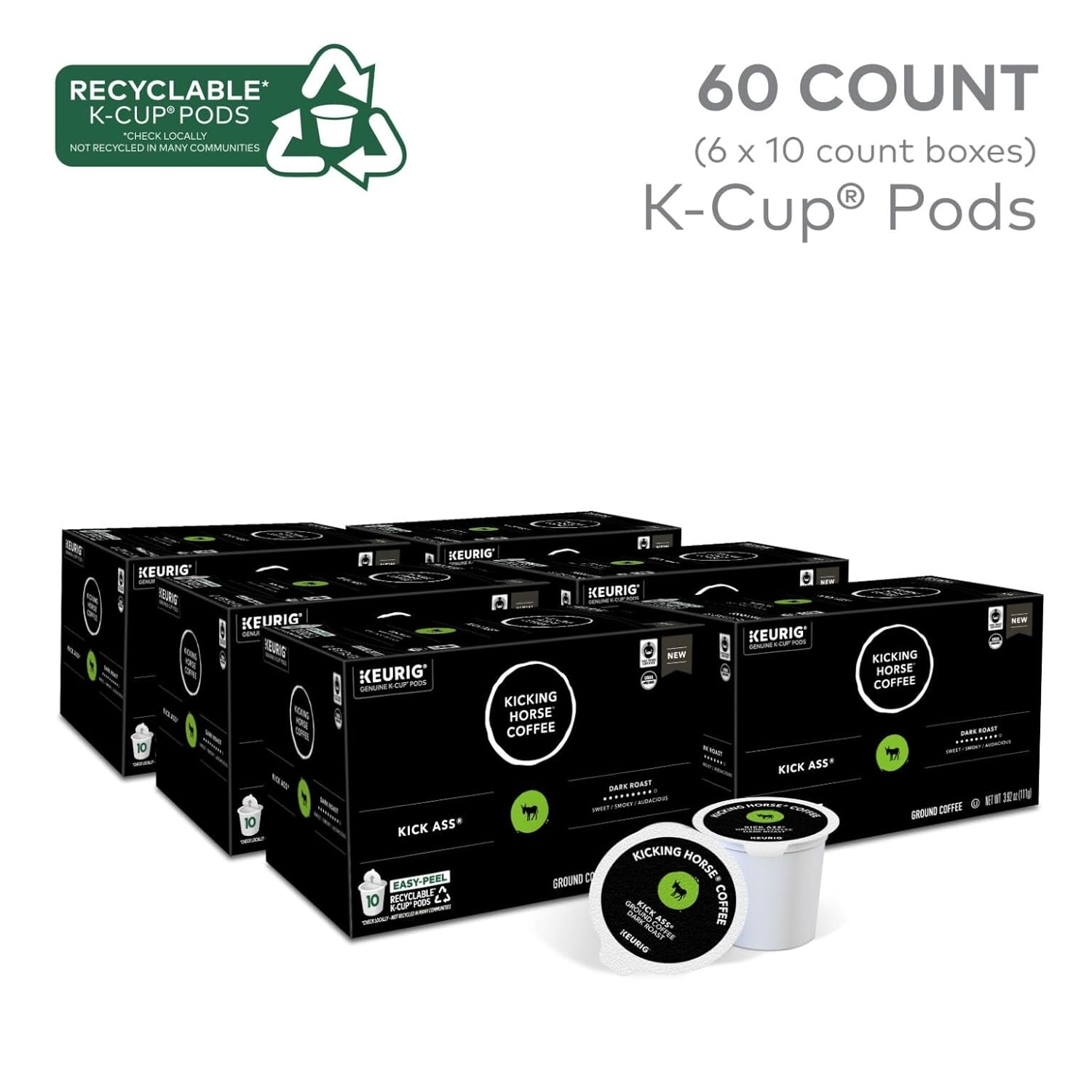 Kicking Horse Coffee, Kick Ass, Single Serve Keurig K-Cup Pods, Dark Roast Coffee, 60-Count Box