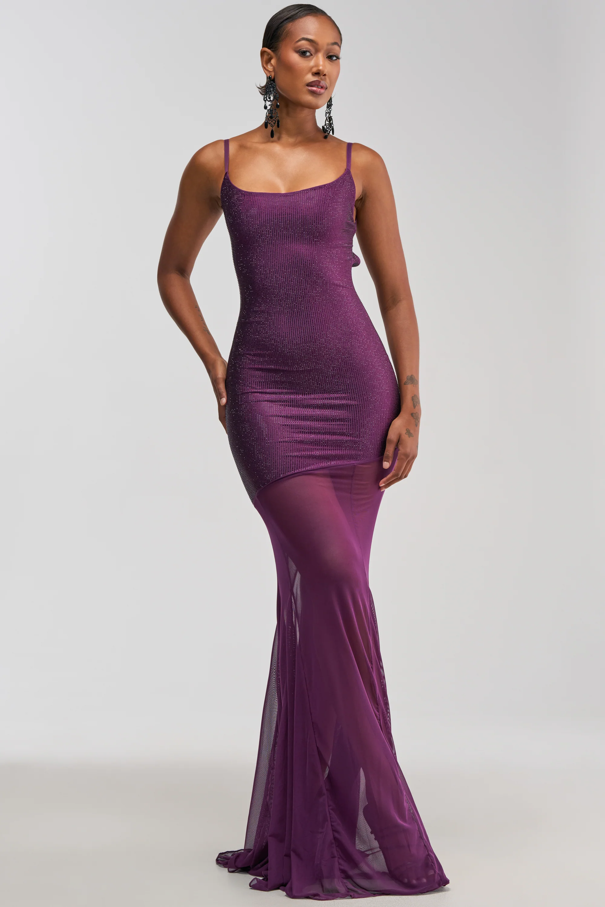 SHOW A LITTLE LEG RHINESTONE MAXI DRESS IN PLUM - Akira Wear