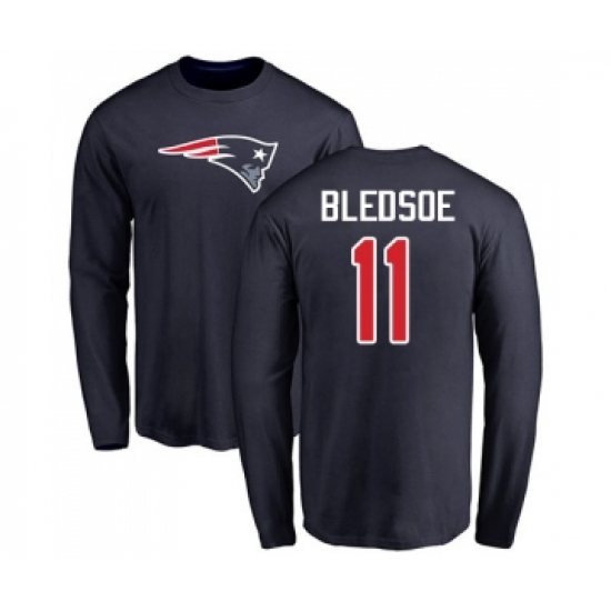 Football New England Patriots #11 Drew Bledsoe Navy Blue Name & Number Logo Long Sleeve T-Shirt - Jersey