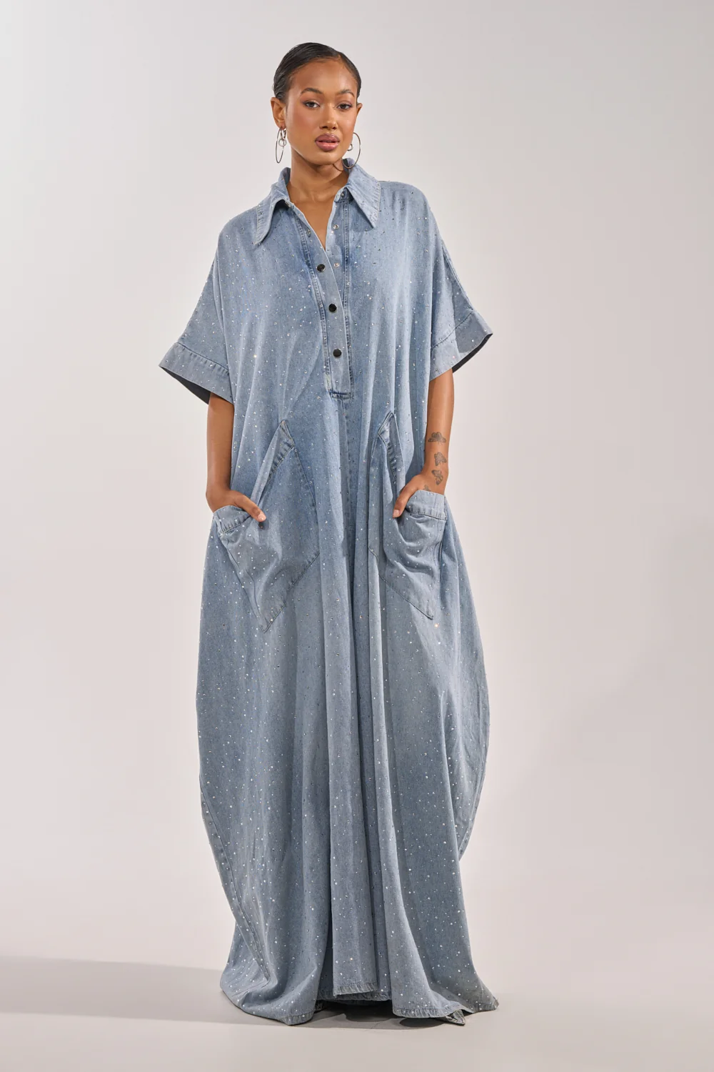 GINA DENIM RHINESTONE JUMPSUIT - Akira Wear