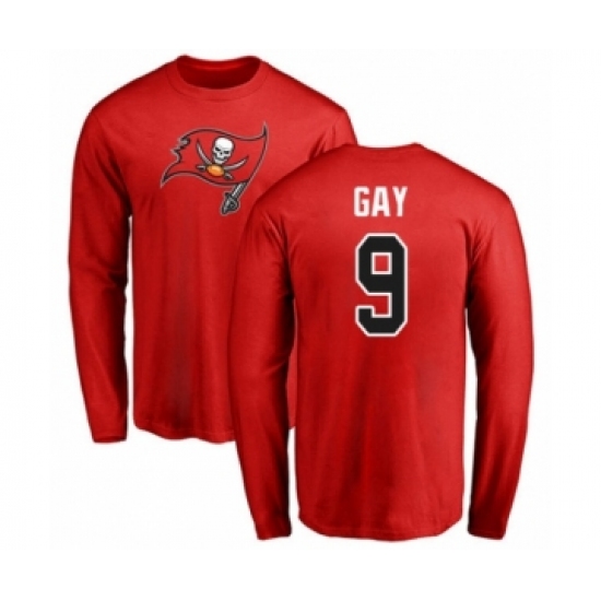 Football Tampa Bay Buccaneers #9 Matt Gay Red Name & Number Logo Long Sleeve T-Shirt - Jersey