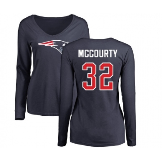 Football Women's New England Patriots #32 Devin McCourty Navy Blue Name & Number Logo Slim Fit Long Sleeve T-Shirt - Jersey