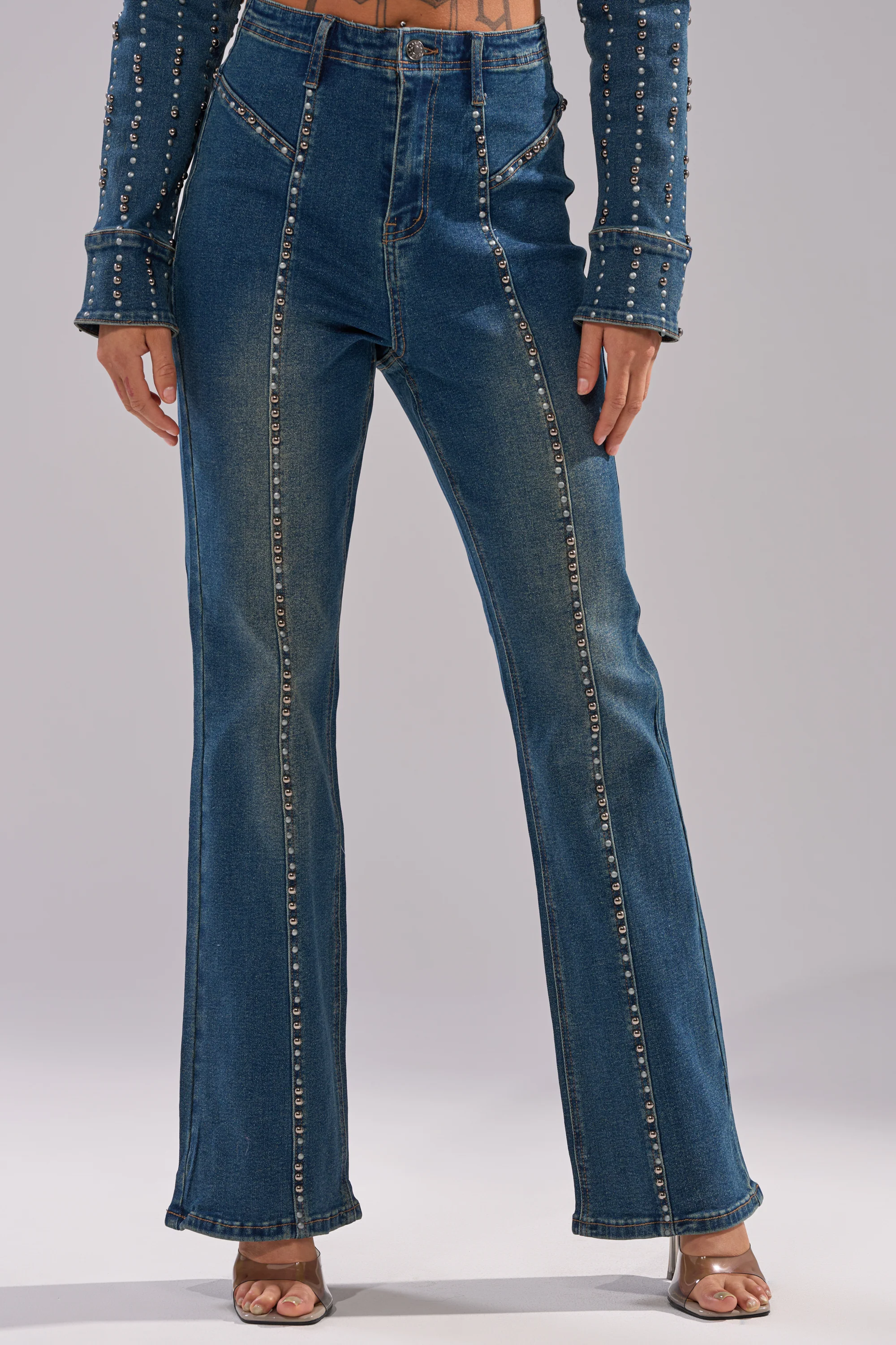 GLAMOUR STUDDED FLARE DENIM PANT - Akira Wear