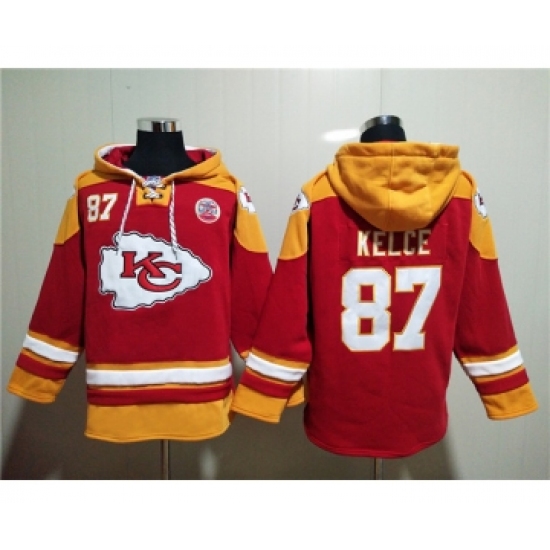 Men's Kansas City Chiefs #87 Travis Kelce Red Lace-Up Pullover Hoodie - Jersey