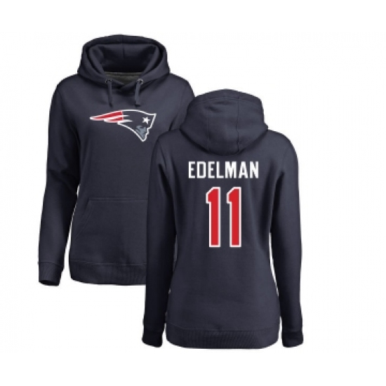 Football Women's New England Patriots #11 Julian Edelman Navy Blue Name & Number Logo Pullover Hoodie - Jersey