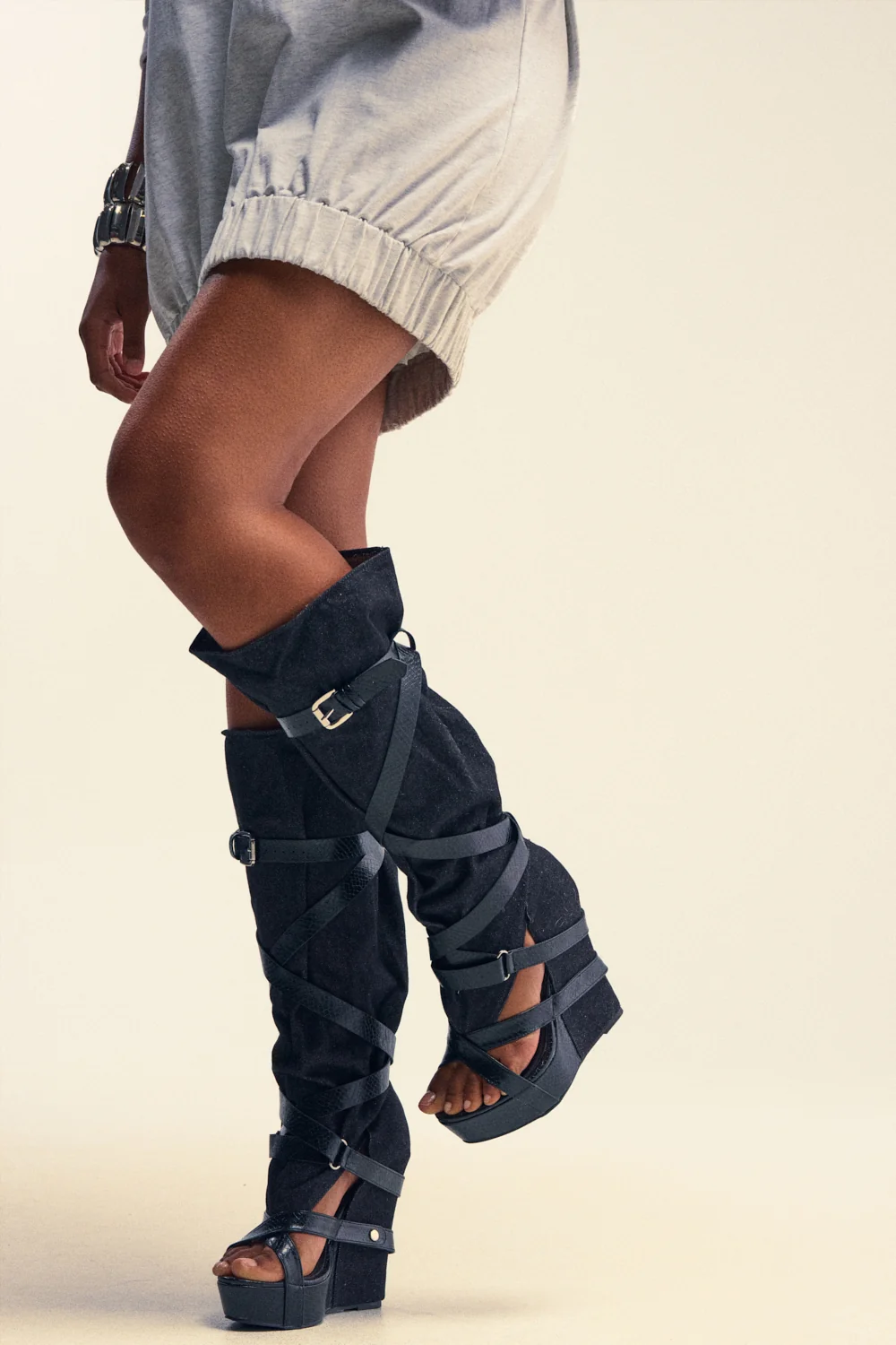 AZALEA WANG ROTHKID BLACK DENIM  KNEE HIGH OPEN TOE BOOT - Akira Wear