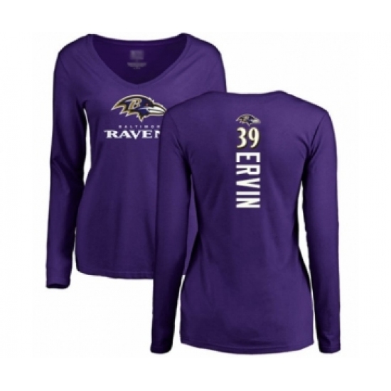 Football Women's Baltimore Ravens #39 Tyler Ervin Purple Backer Long Sleeve T-Shirt - Jersey