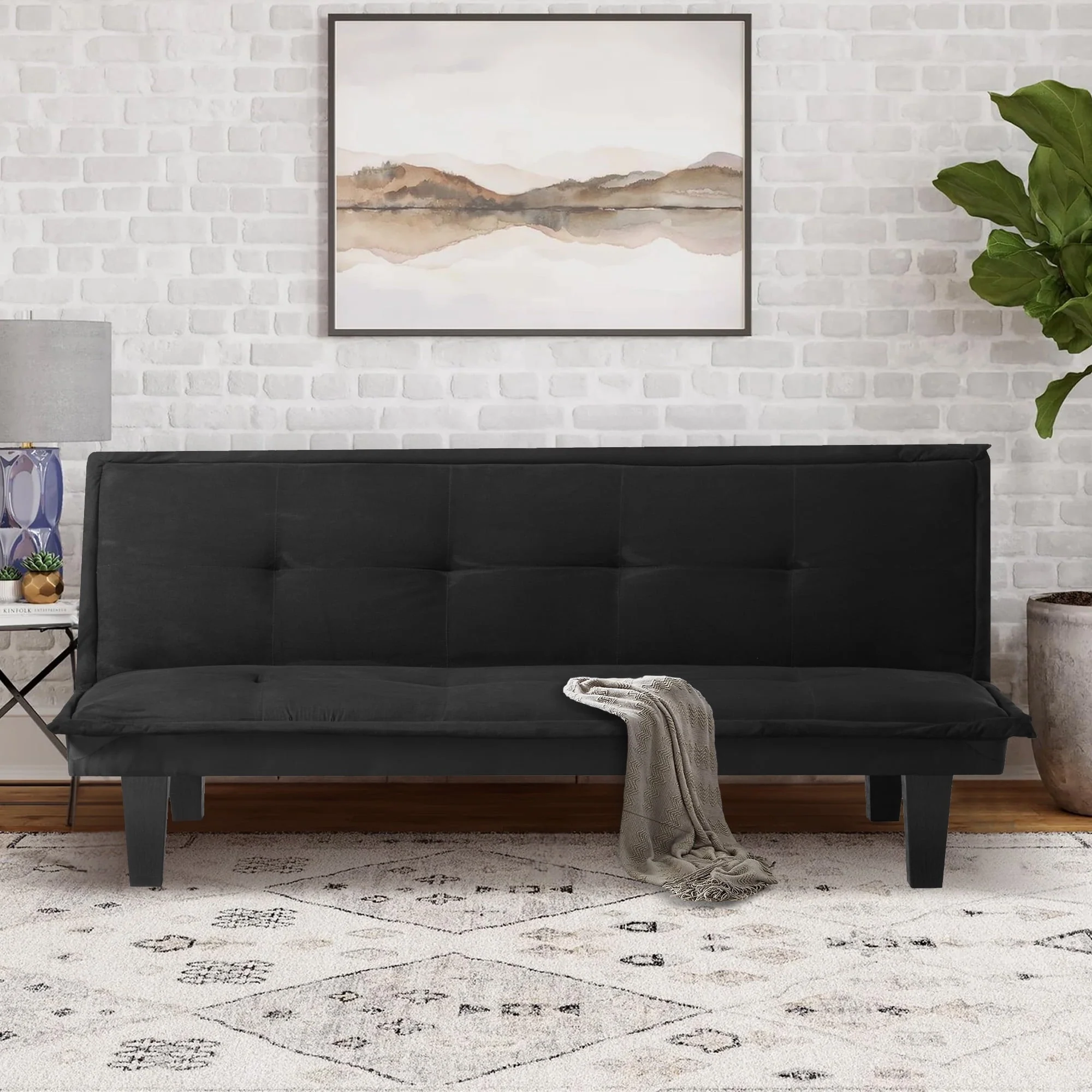 Aukfa Futon Convertible Sofa Bed for Home Office, Tufted Back, Faux Suede, Black