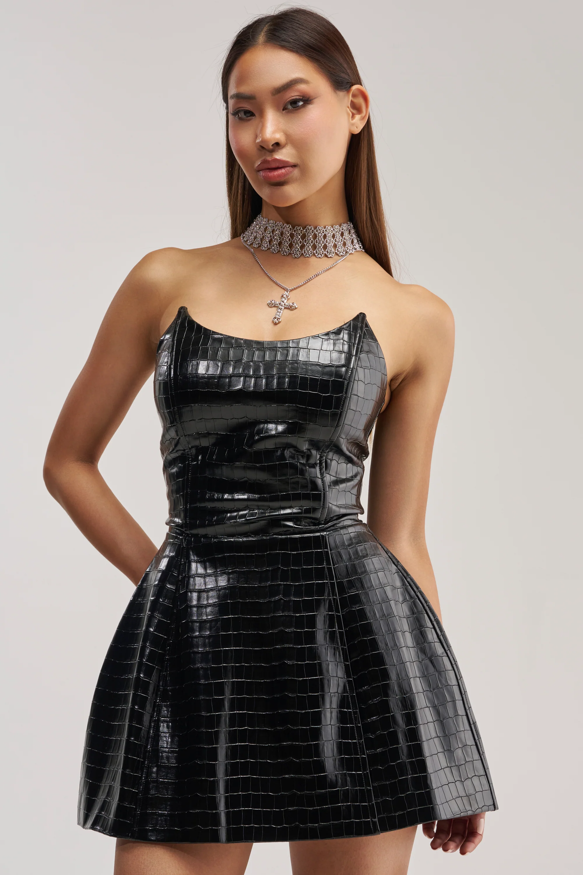 JUST WHAT I NEED TEXTURED PU MINI DRESS IN BLACK - Akira Wear