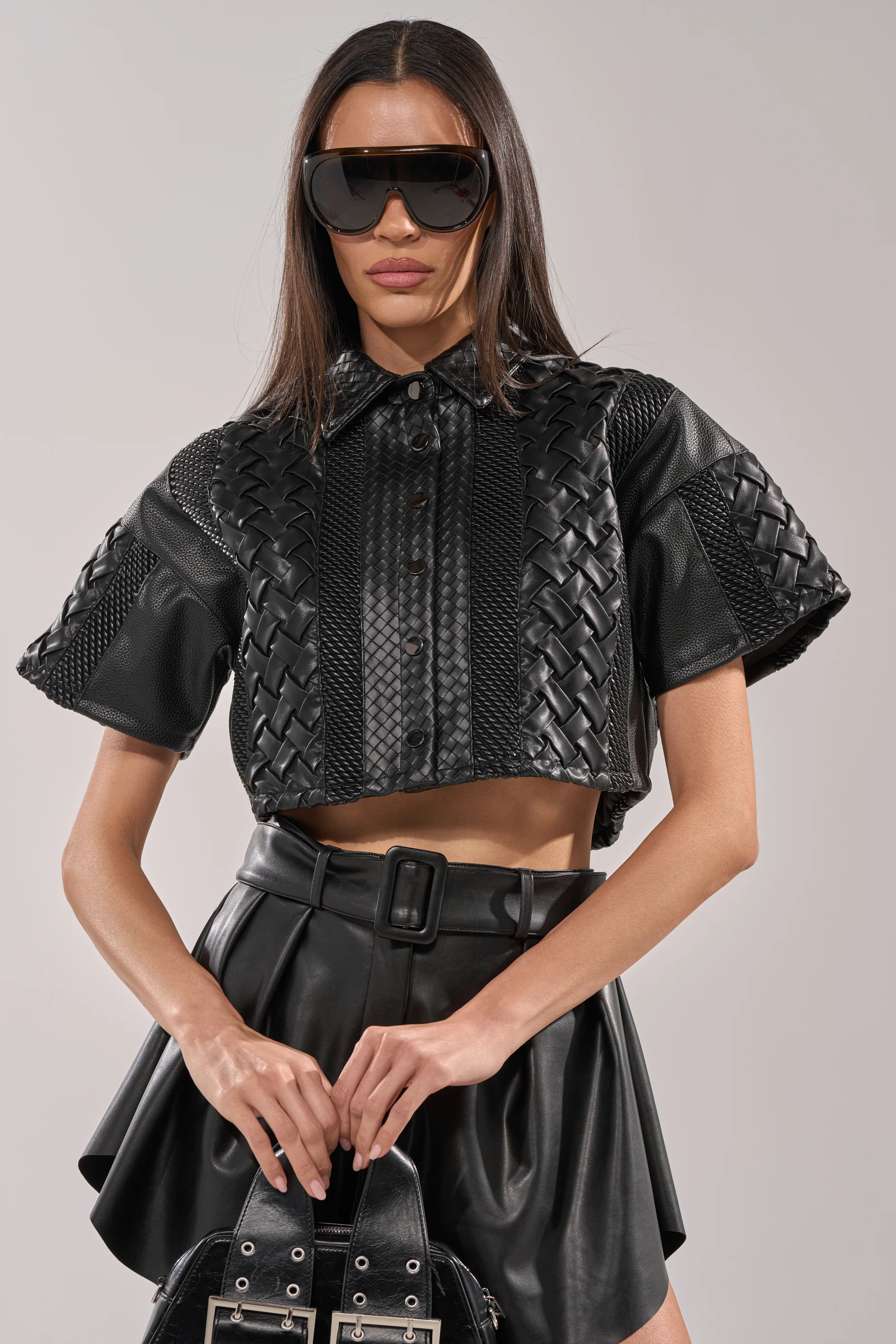 BIKER BRAIDED LEATHER CROPPED BUTTON DOWN - Akira Wear