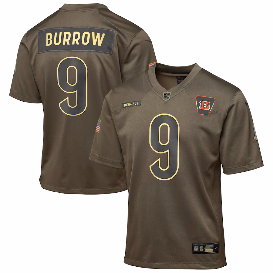 Youth Cincinnati Bengals Joe Burrow Nike Olive 2025 Salute to Service Game Jersey - Jersey