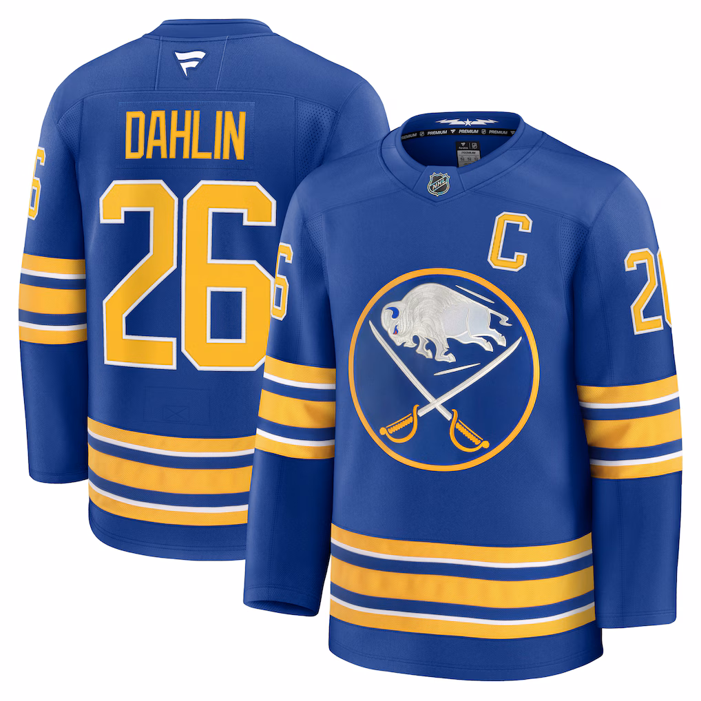 Men's Buffalo Sabres Rasmus Dahlin Fanatics Royal Premium Jersey with Captain's Patch - Jersey