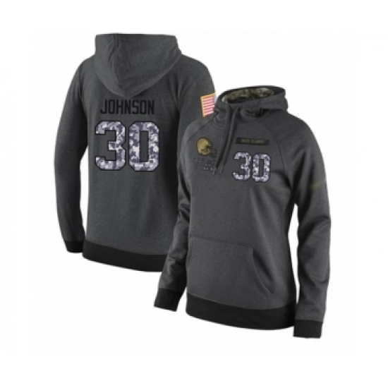 Football Women's Cleveland Browns #30 D'Ernest Johnson Stitched Black Anthracite Salute to Service Player Performance Hoodie - Jersey